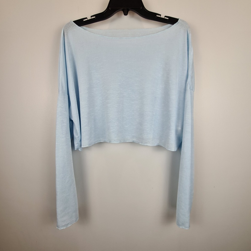 DAZY Light Blue Cropped Long Sleeve Boat‎ Neck Top XL Sheer Drop Shoulder